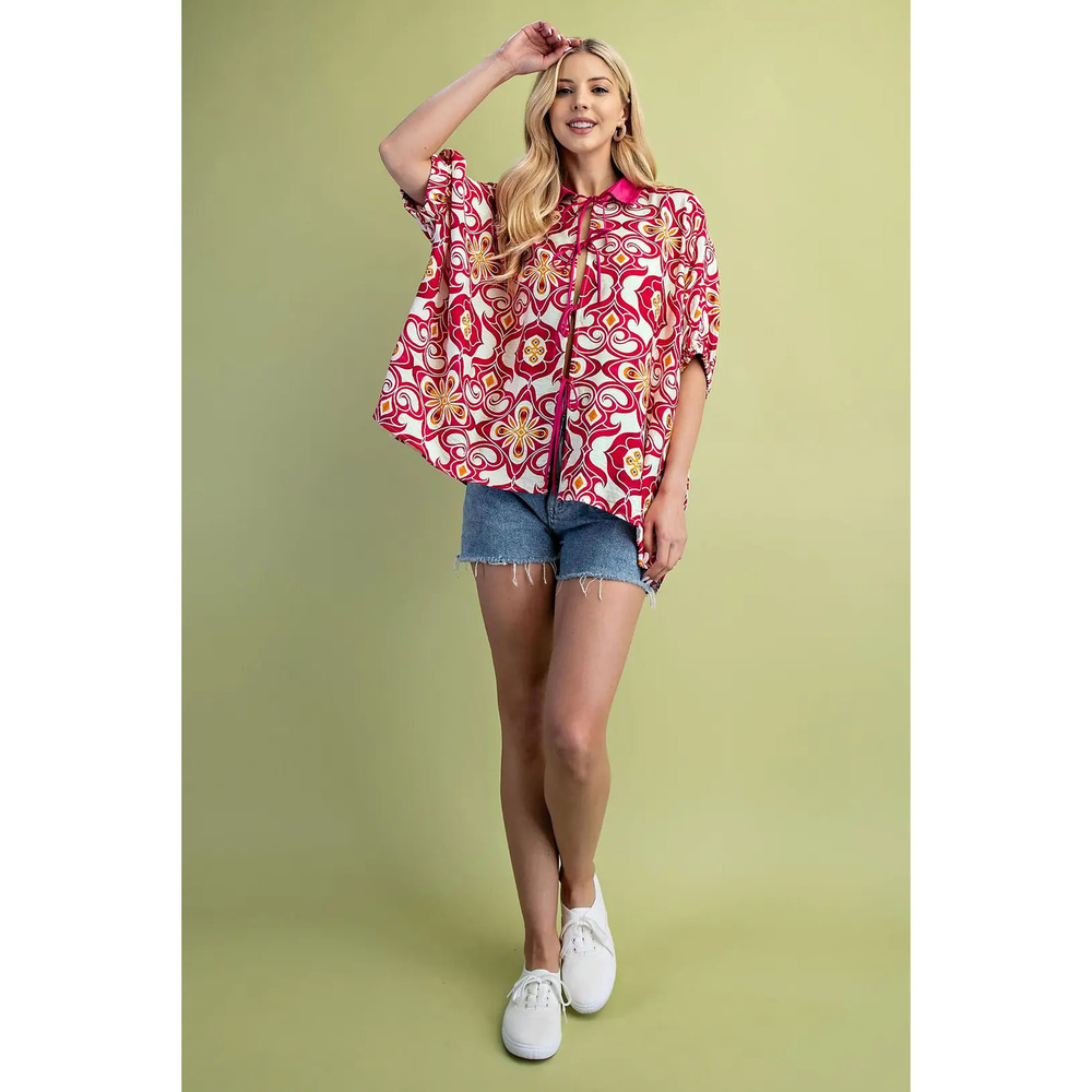 TE1304 GiGio Medallion Print Elastic Dolman Sleeve Top Satin String Ties Var Sz - Picture 3 of 5